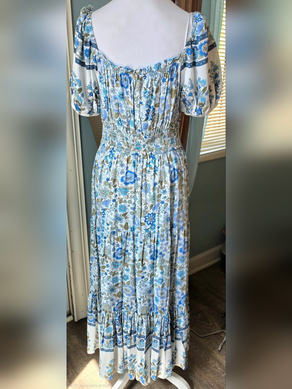 By The River Floral Maxi Dress Womens L Blue White Smocked Waist Puff Sleeves Bo - Picture 4 of 13